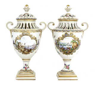 A pair of Dresden urn vases and covers,
