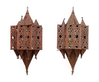 A large pair of Moroccan iron lanterns,