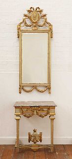 A Danish giltwood and white-painted mirror and marble top console,