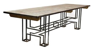A large pine and steel industrial refectory table,