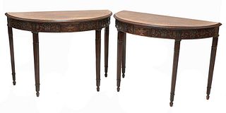 A pair of Adam Revival mahogany demilune console tables,
