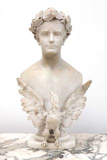 A carved marble bust of Napoleon,