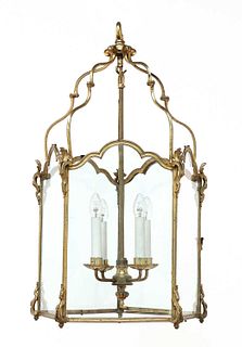 A large brass-framed hexagonal hall lantern,