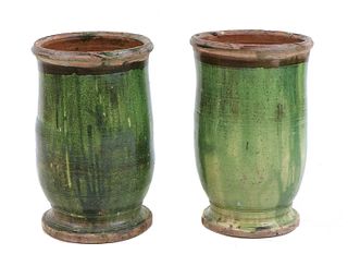 A pair of 'Poterie d'Anduze' green-glazed terracotta garden urns,