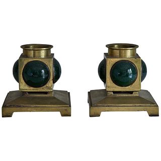 Pair of French 1950s Brass and Colored Glass Candlesticks