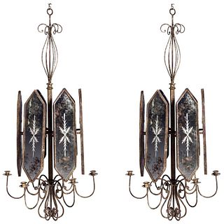 Pair of Italian Etched Mirror Panel Hanging Candlestick Chandeliers