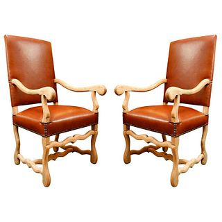 19th Century Pair of Chairs in Bleached Oak and Elm, Upholstered in Leather