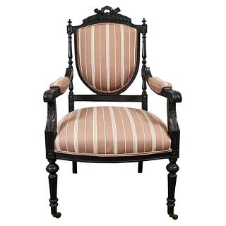 1870s Louis XVI Style Ebonized Fauteuil in Upholstered Linen