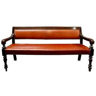 19th Century English Ebonized and Upholstered Leather Bench from Masonic Lodge