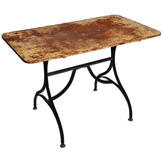 Late 19th Century Yellow Garden Table with Natural Patina on Iron Trestle Base