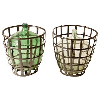 Early 20th Century French Metal Baskets with Bottles in Clear and Green Glass