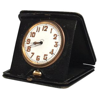 Art Deco Travel Clock in Green Leather from England