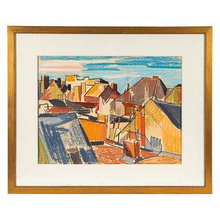 Colorful Abstract Seaside Cityscape Drawing from Belgium, circa 1898