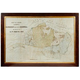 Antique Framed Pen and Ink on Fabric Map of Cornwall from Early 19th Century