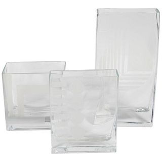 Set of Mid Century Glass Vases with Etched Design in Graduated Sizes