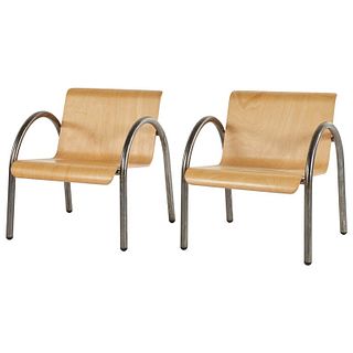 Mid Century Modern Pair or Set of Four Metal and Wood Armchairs