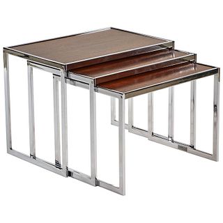 1960s Set of Three English Wood and Chrome Nesting Tables