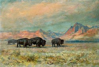 Astley David Middleton Cooper, (American, 1856-1924), Landscape with Grazing Buffalo, 1916