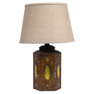Late 19th Century Tole Decorated Tin Lamp with Custom Shade