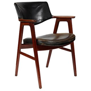 Mid-Century Modern Mahogany Arm or Desk Chair Upholstered in Black Leather