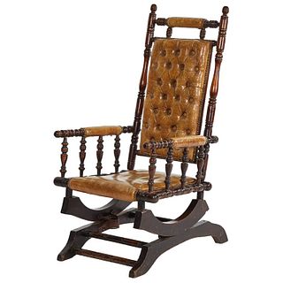 Rocking Chair in Mahogany with Tufted Leather Upholstery