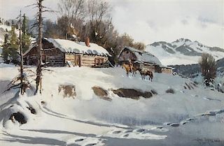 James Boren, (American, 1921-1990), Cowboy on Horse Arriving Home in a Snowstorm, 1987