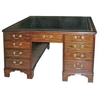 1820s English Mahogany Partner's Desk with Greek Key Leather Top