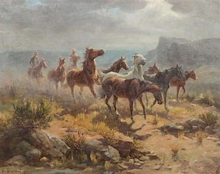 Olaf Wieghorst, (American, 1899-1988), Wrangling the Ponies