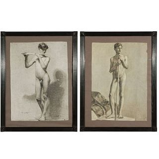 Pair of Charcoal Italian Male Nude Drawings from 1880