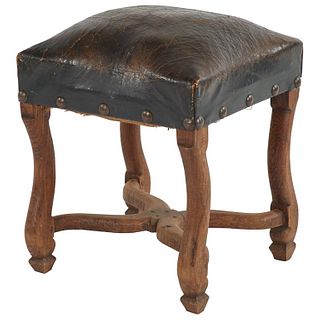 Wood Stool Upholstered in Dark Brown Leather from Late 19th Century France