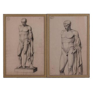 A Pair of Charcoal Drawings of a Sculpture of a Male Nude