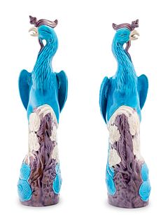 A Pair of Chinese Export Turquoise, White and Purple Glazed Porcelain Figures of Phoenixes