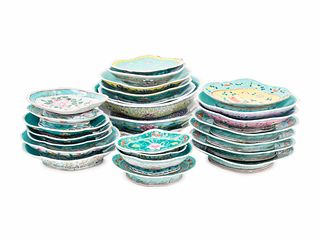 A Group of 26 Chinese Turquoise Ground Famille Rose Porcelain Serving Dishes