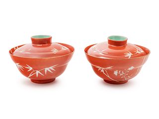 A Pair of Chinese Coral Red Ground Porcelain 'Bamboo' Covered Bowls
