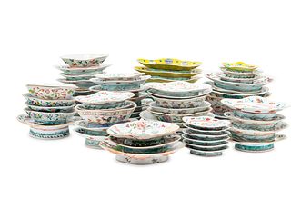 A Collection of 64 Chinese Famille Rose 'Flower' Porcelain Serving Dishes