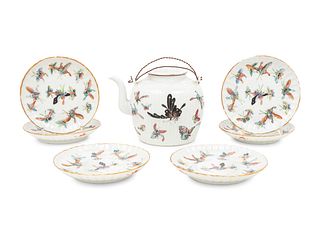 A Set of Seven Chinese Famille Rose Porcelain 'Butterfly' Tea Wares