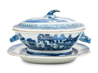 A Small Chinese Export Canton Blue and White Soup Tureen and Undertray