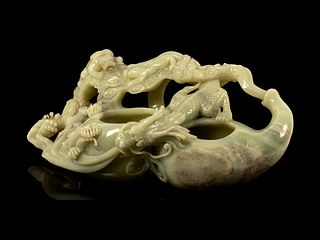A Large Chinese Celadon Jade 'Dragon on Gourd' Brush Washer