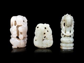 Three Chinese Celadon Jade Carved Figures of Immortals