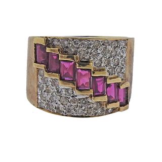 14K Gold Diamond Ruby Wide Band Ring