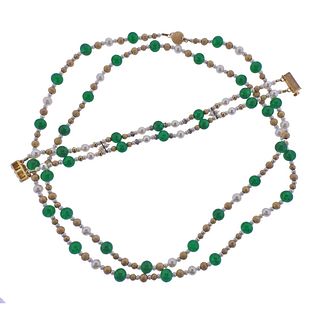 14k Gold Pearl Chrysoprase Diamond Necklace Bracelet Set