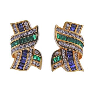 Krypell 18k Gold Diamond Emerald Sapphire Earrings