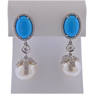 18K Gold Diamond South Sea Pearl Turquoise Earrings