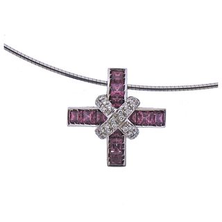 18k Gold Diamond Pink Tourmaline Cross Pendant Necklace
