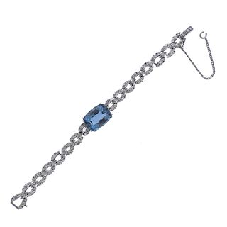 Mid Century Platinum Diamond Blue Topaz Bracelet