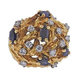1970s 18k Gold Diamond Sapphire Free Form Ring 