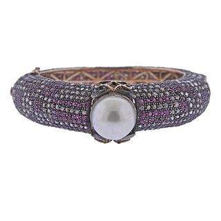 Silver and Gold Pearl Diamond Ruby Bangle Bracelet 