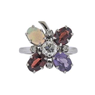 14K Gold Diamond Multi Color Gemstone Floral Ring