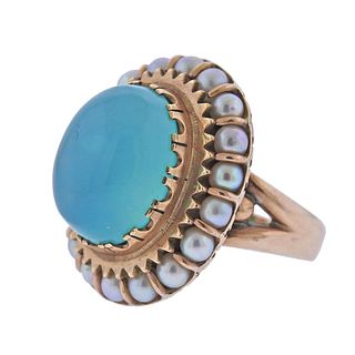 1960s 14k Gold Milky Blue Gemstone Pearl Ring