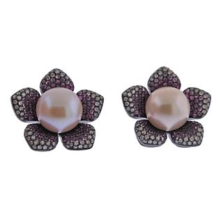 18k Gold Pearl Diamond Pink Sapphire Flower Earrings